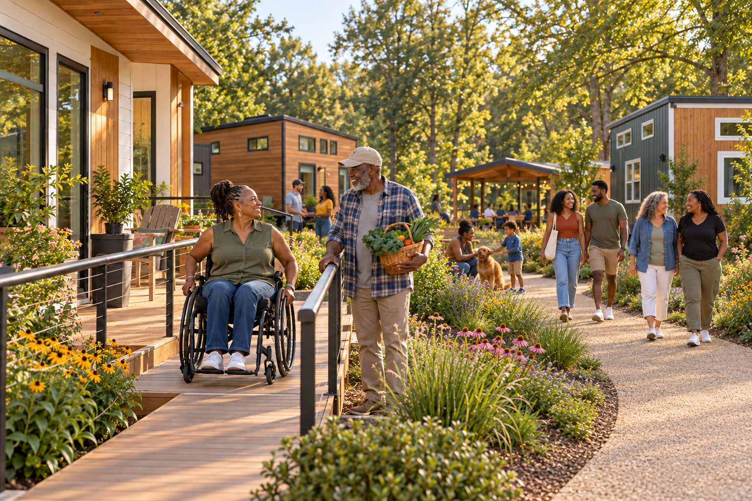 A Black woman using an accessible ramp outside her tiny home while neighbors of different ages gather nearby