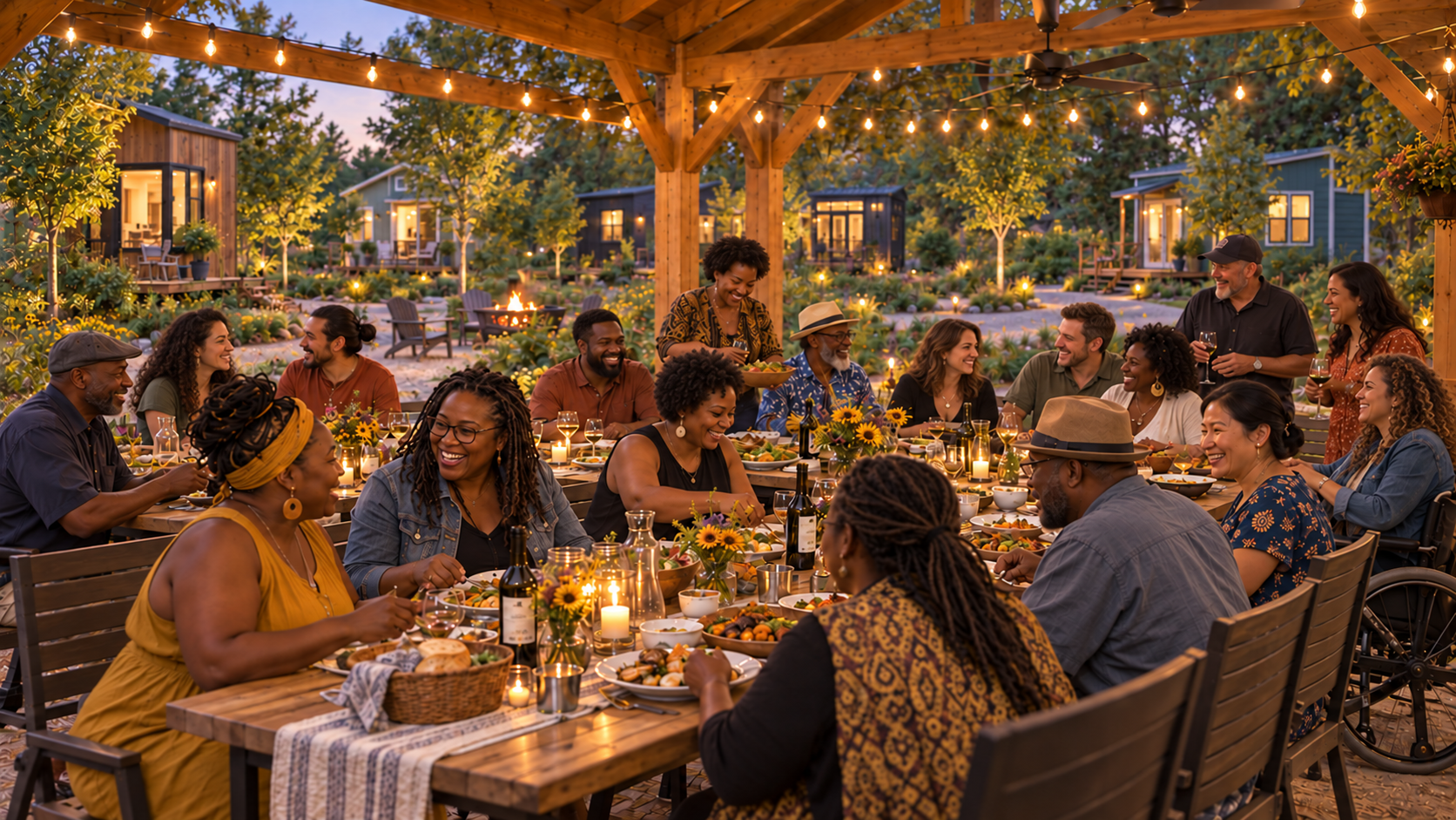 A large, Black-led and multiracial group of neighbors sharing a meal in an open-air pavilion within a landscaped tiny house community