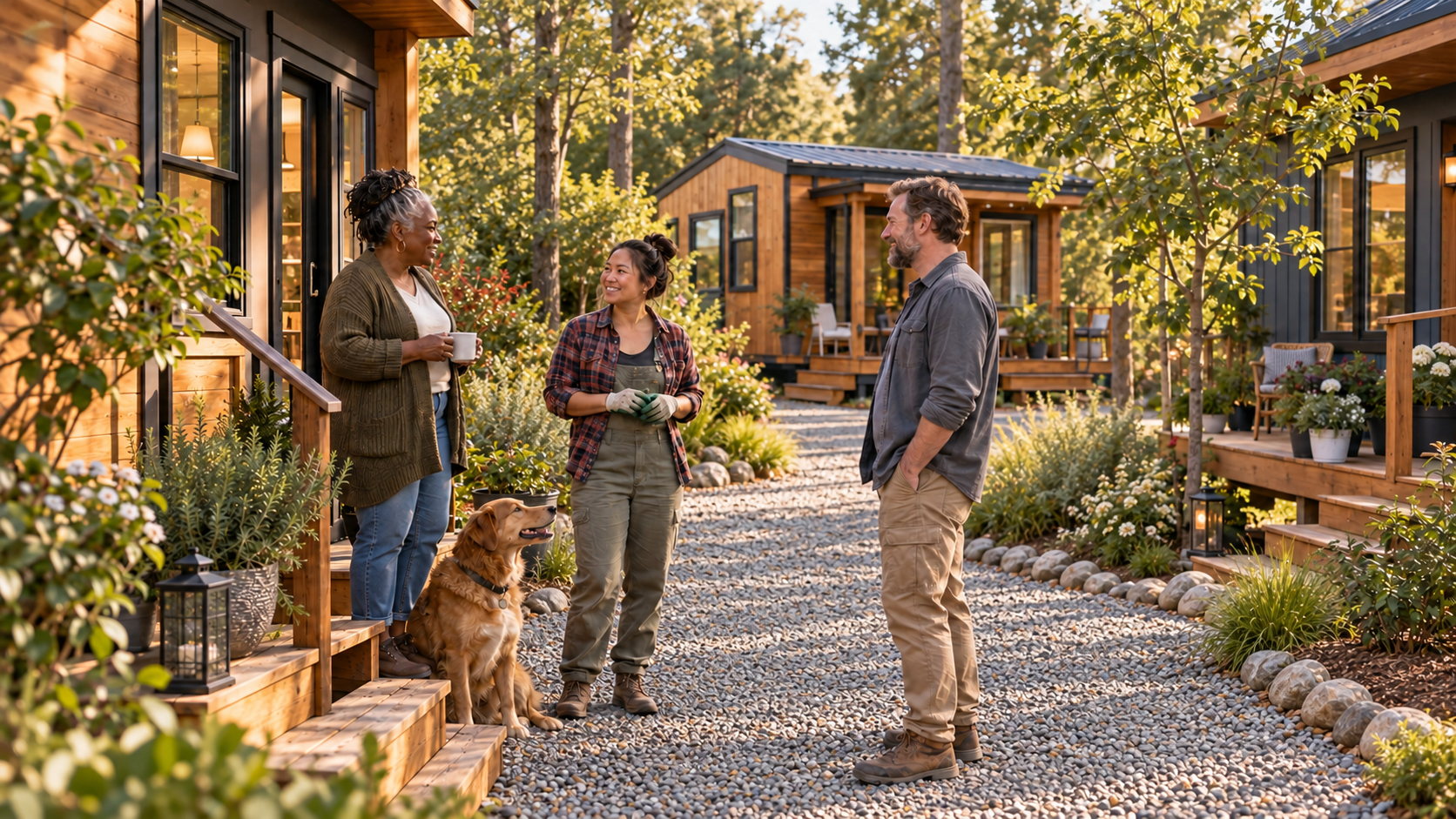 Three neighbors and a dog talking along a wide landscaped path between thoughtfully spaced tiny homes