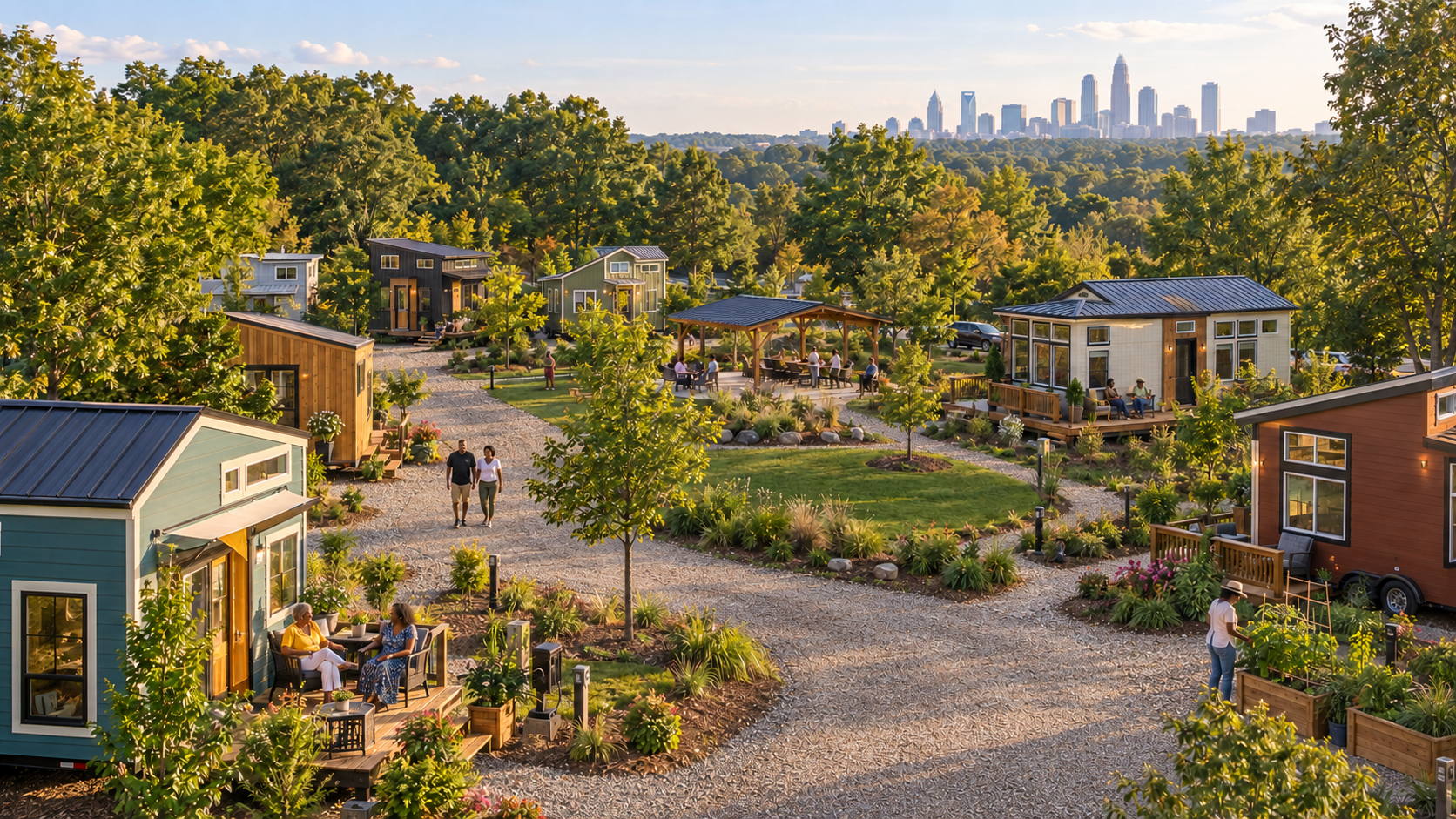 Conceptual view of a landscaped community of modern tiny houses with gravel drives and neighbors gathering