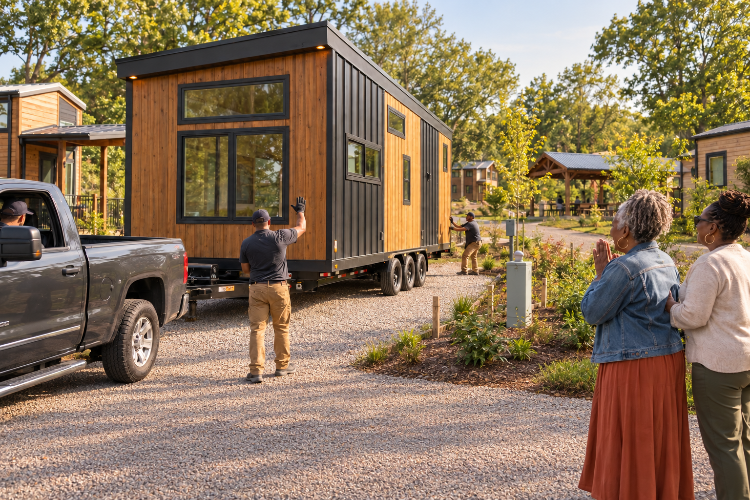 A modern Tiny House on Wheels arriving at a prepared gravel homesite as neighbors welcome its resident