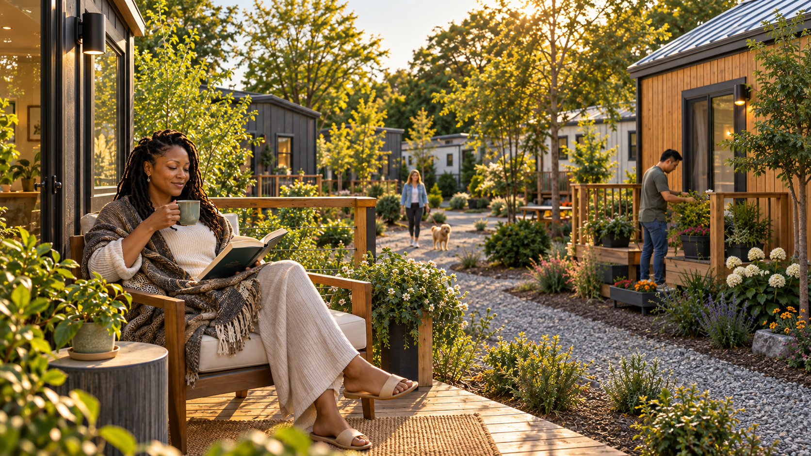 A resident reading on the private deck of her modern tiny house with neighboring homes visible at a comfortable distance