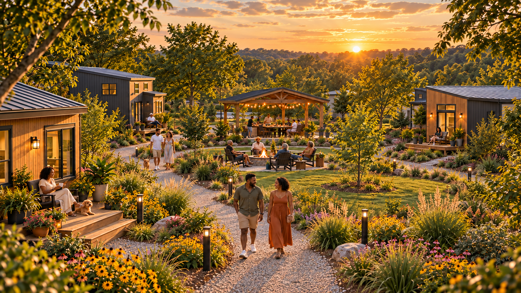 A spacious, Black-led and racially diverse tiny house community with residents enjoying private homes and shared spaces